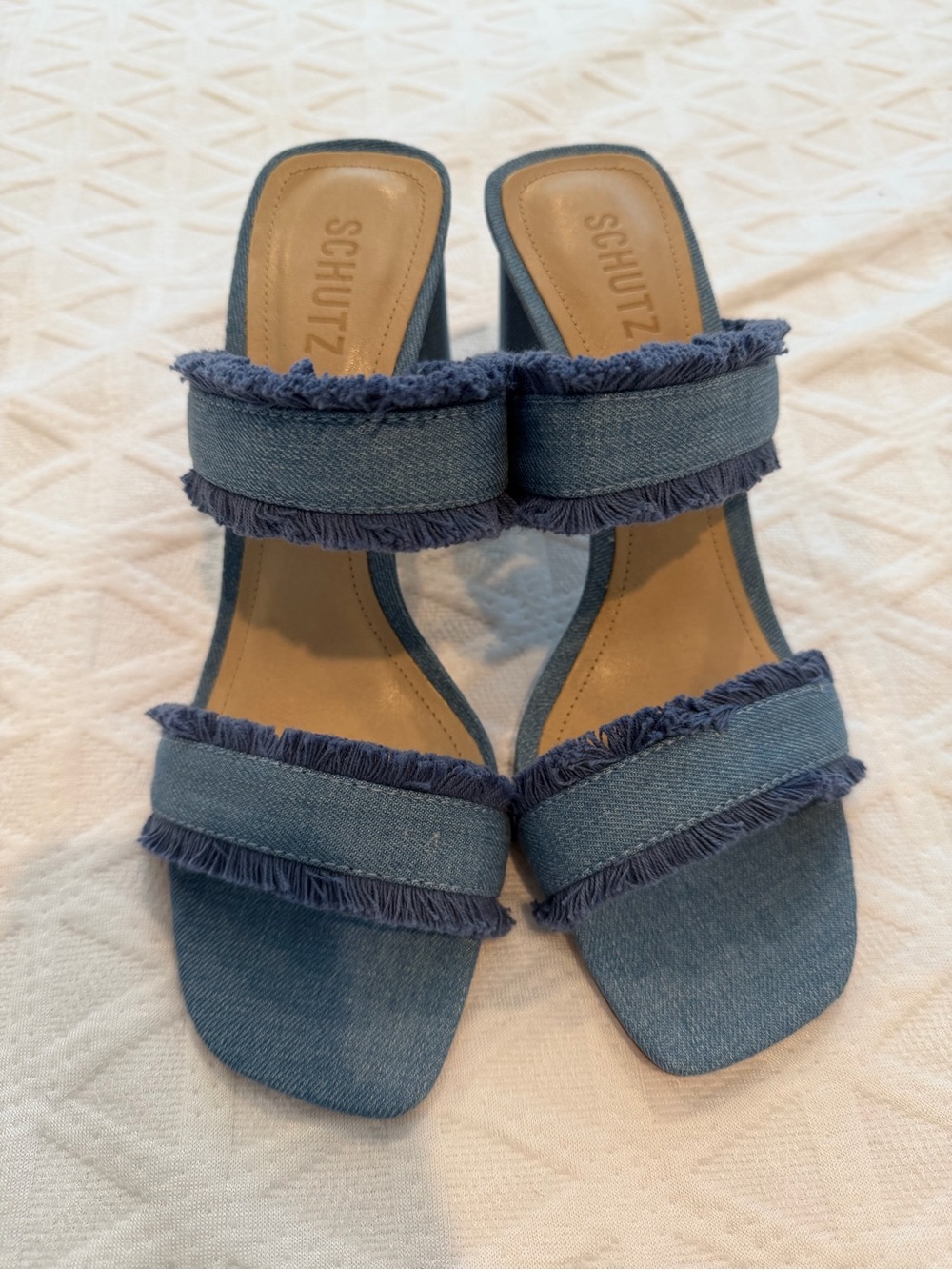 SCHUTZ Denim Fringe Double-Strap Heeled Sandals in Blue